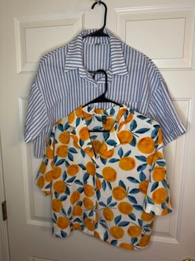 SHEIN Orange & Blue Striped & Fruit Button-Down Cropped Shirt Set of 2 SZ LG